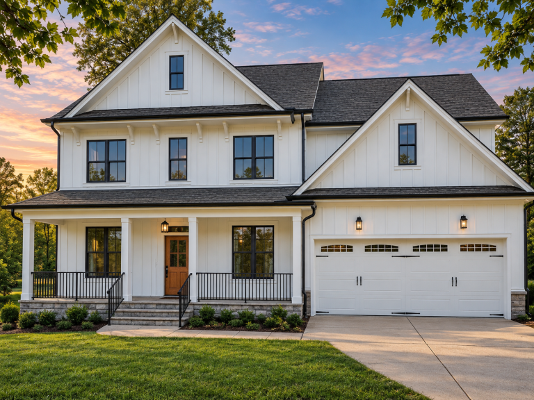 House Plans with Fireplace 2 Front elevation of a modern farmhouse style home featuring white board and batten siding, black windows, gabled rooflines, covered porch, and attached two-car garage
