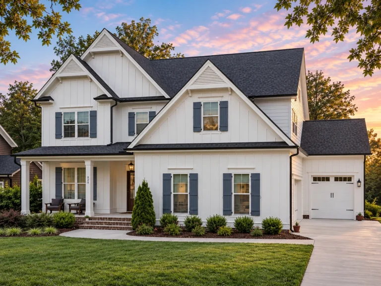 Front elevation of a Traditional New American style suburban home with horizontal siding, covered porch, and attached garage