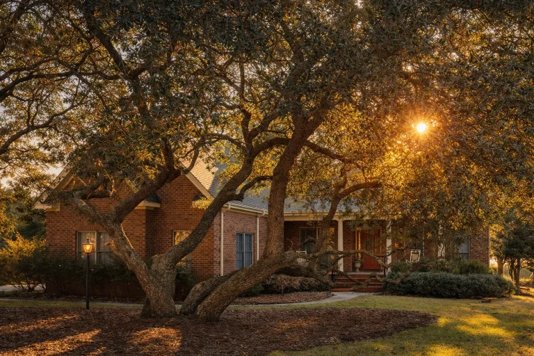 Transitional House Plans 10 Front exterior of Traditional Ranch style brick home with low-pitched roof, large windows, and mature oak trees in warm sunset lighting