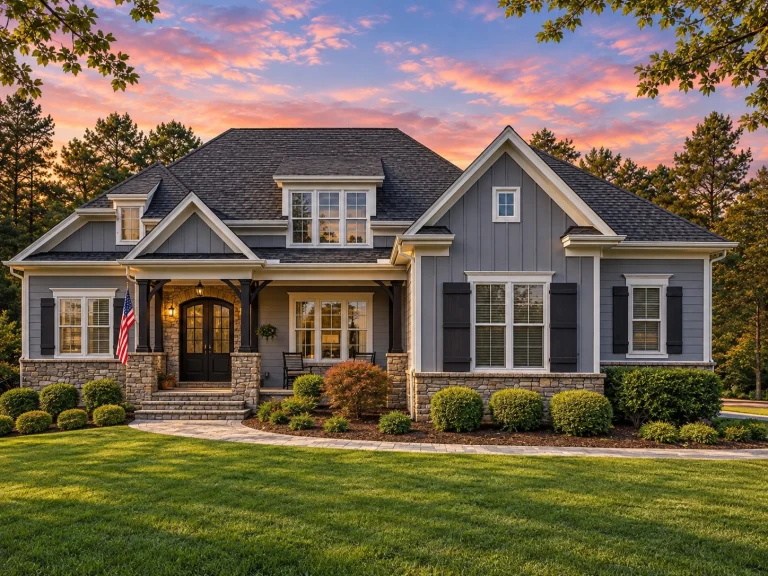 Ranch House Plans 16 Front view of a Craftsman Modern Farmhouse featuring board and batten siding, stone accents, and dark wood trim under a steep gable roofline