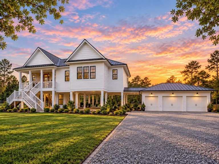 Front elevation of a Coastal Low Country style home with elevated foundation, horizontal siding, covered porch, and detached garage