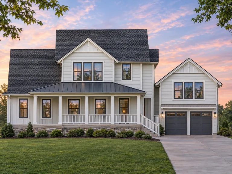 House Plans with Fireplace 5 Front view of a Modern Farmhouse style home featuring horizontal siding, board and batten gables, and stone accents on the porch and foundation.