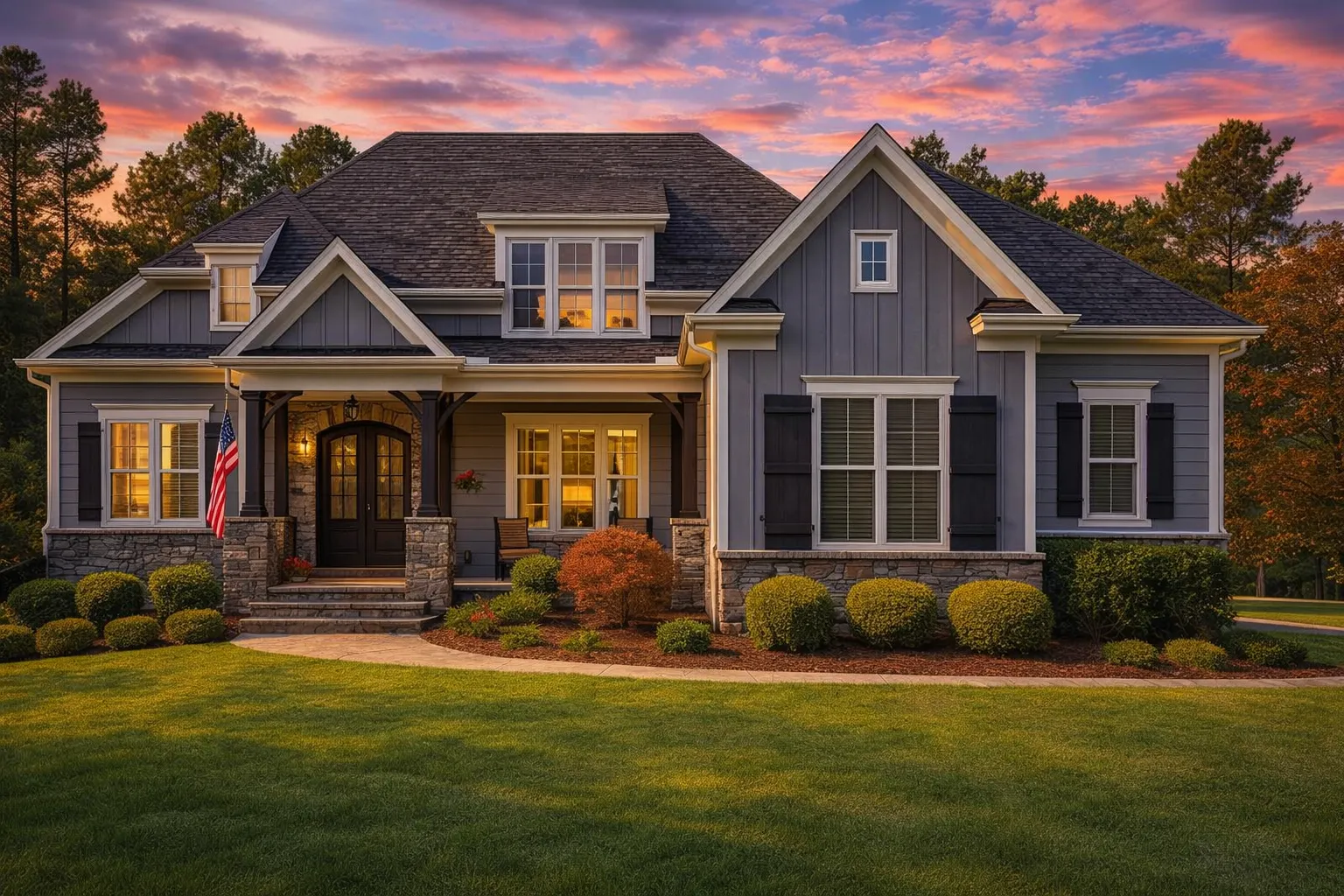 Front view of a Craftsman Modern Farmhouse featuring board and batten siding, stone accents, and dark wood trim under a steep gable roofline