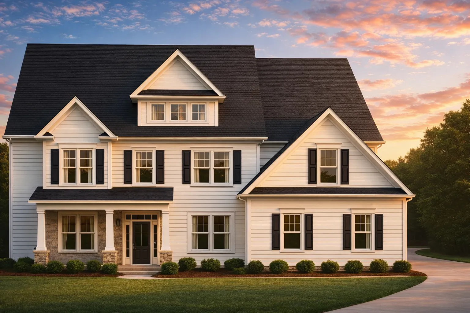 RV Garage Plans 27 Front elevation of a New American Colonial style home featuring lap siding, stone porch accents, symmetrical windows, and a steep shingle roof