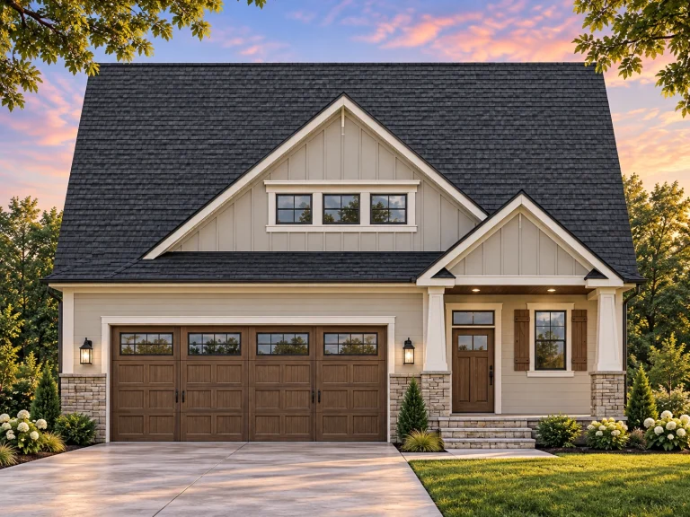 Front elevation of a modern farmhouse cottage style home featuring board and batten siding, stone accents, black shutters, and an attached two-car garage