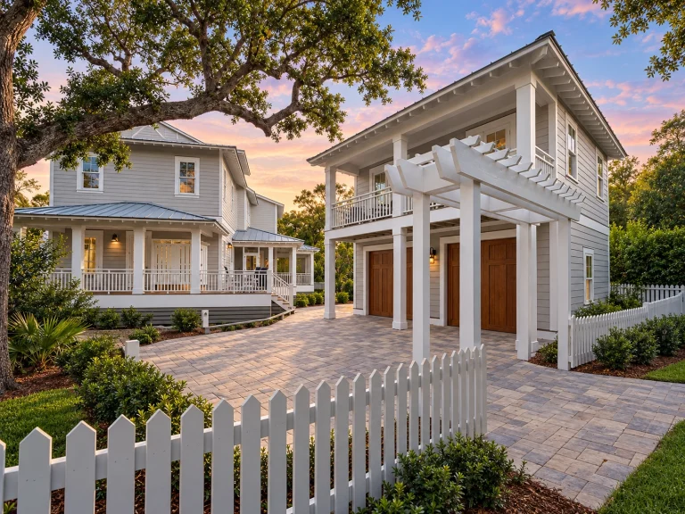 Charleston-style Coastal Traditional home with lap siding, courtyard garage, double stacked porches, and classical Southern detailing