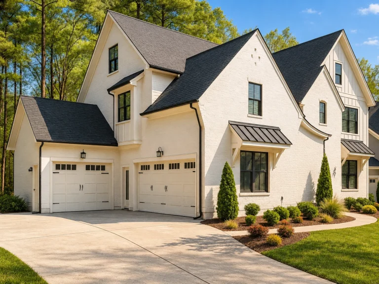 Simple House Plans 15 Front exterior of a Modern Farmhouse and New American style home with white painted brick, steep gabled roofs, black windows, and an attached two-car garage