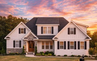 Front exterior of a Modern Farmhouse New American style home featuring white board and batten siding, stone entry accents, black shutters, and a welcoming covered porch