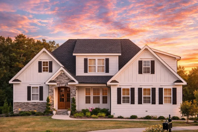 Front exterior of a Modern Farmhouse New American style home featuring white board and batten siding, stone entry accents, black shutters, and a welcoming covered porch