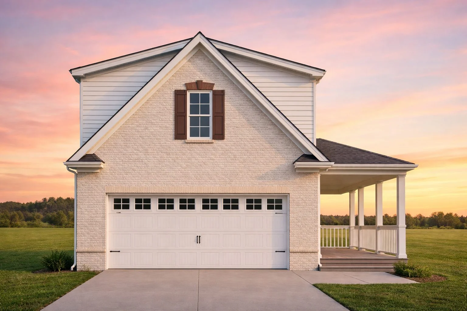 Front elevation of a Traditional Brick garage apartment with Neo-Colonial proportions, gabled rooflines, and classic suburban detailing
