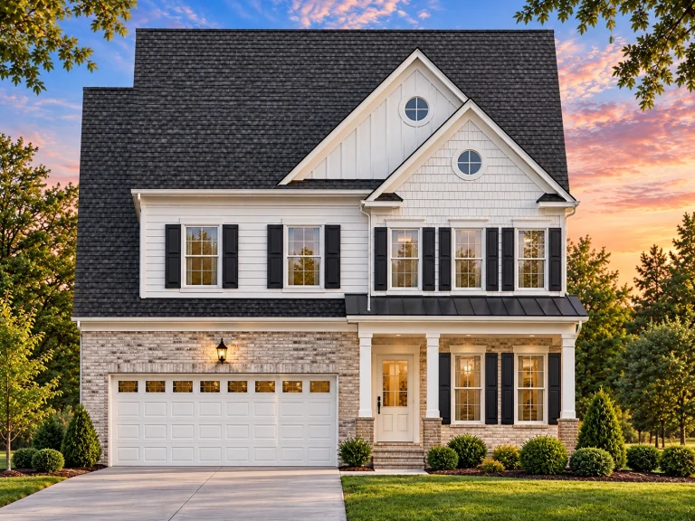 Front elevation of a Traditional Colonial style two-story home featuring horizontal siding, brick water table, and symmetrical windows with black shutters