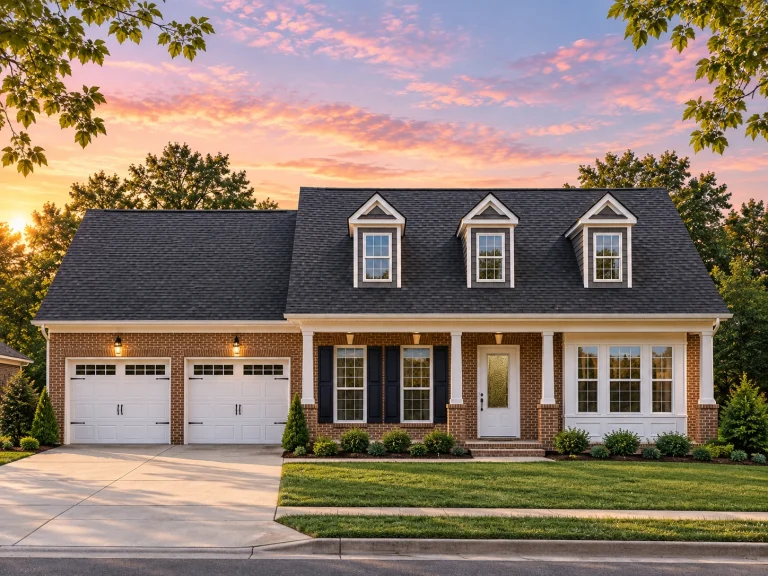 House Plans with Second Floor Laundry Room 18 Front elevation of a Traditional Ranch style home with Cape Cod detailing, horizontal siding, brick foundation, and two-car garage