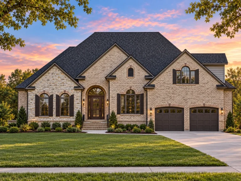Front elevation of a New American style house featuring brick and stone exterior, symmetrical windows, arched entry, and attached two-car garage