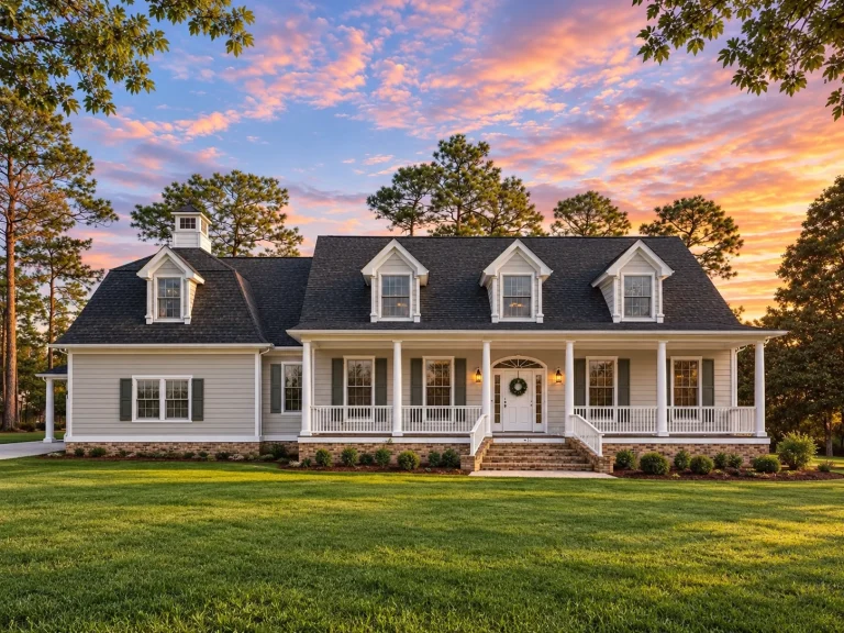 Front elevation of a Cape Cod style home featuring horizontal siding, dormer windows, covered front porch, and traditional symmetrical design