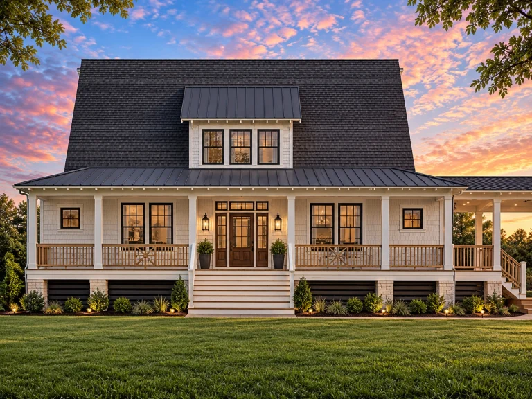 Front view of a Colonial Farmhouse with horizontal siding, covered porch, breezeway, and detached two-car garage under a clear blue sky