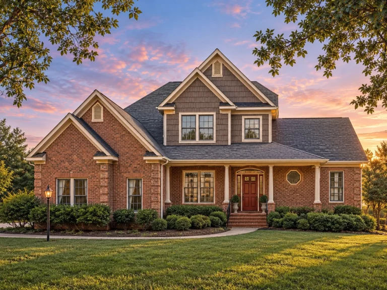 Affordable House Plans 12 Front exterior of Traditional Ranch style brick home with low-pitched roof, large windows, and mature oak trees in warm sunset lighting