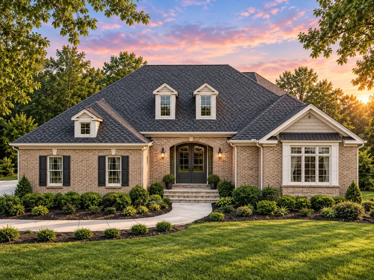 Front elevation of Colonial Revival brick house with symmetrical windows, dormers, and arched covered entry at sunset