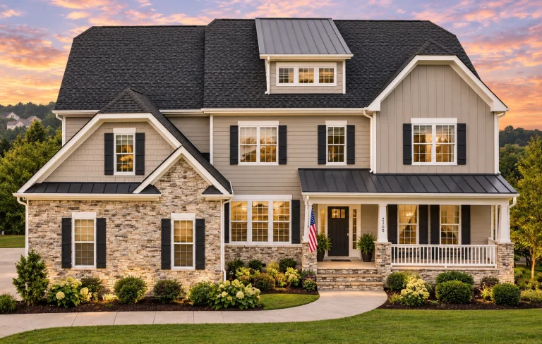 Courtyard House Plans 25 Front elevation of a New American Colonial style home featuring lap siding, stone porch accents, symmetrical windows, and a steep shingle roof