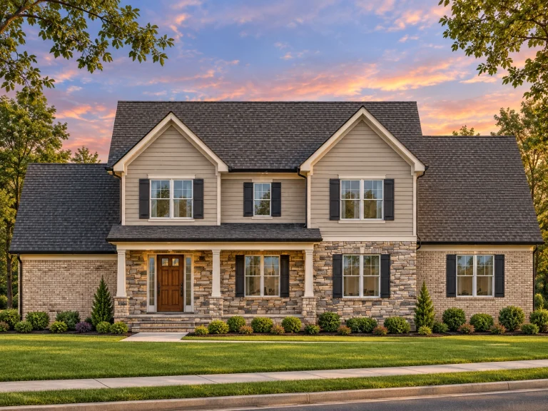 Front elevation of New American Colonial home with horizontal lap siding, stone veneer accents, gabled rooflines, and covered front porch