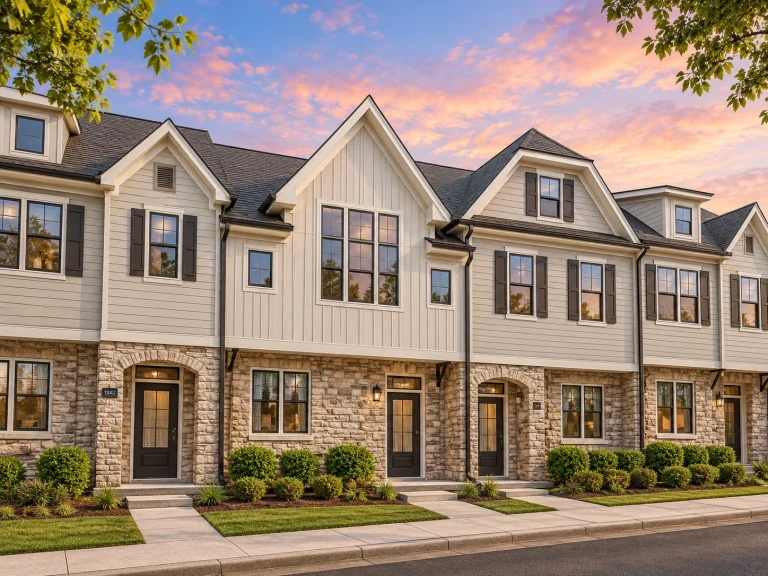 Front elevation of traditional 5-unit townhome with brick lower level, horizontal lap siding, board and batten accents, and symmetrical Neo-Colonial detailing
