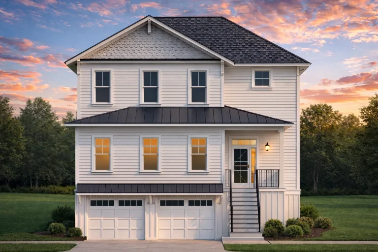 Front elevation of a Coastal Traditional style garage apartment home with horizontal lap siding, metal porch roof, exterior stairs, and elevated living space