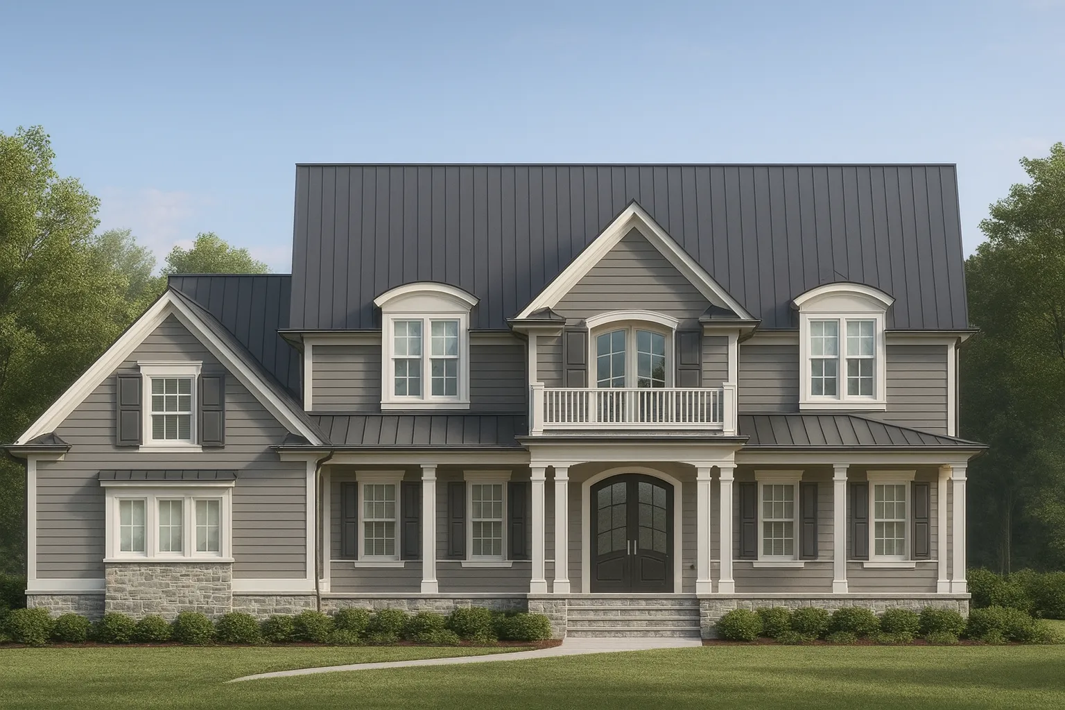 Front elevation of a Traditional Colonial and New American style home featuring horizontal siding, stone accents, and a symmetrical façade