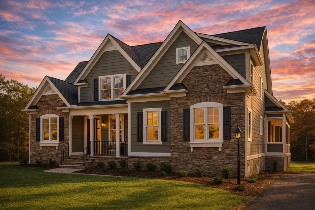 Front elevation of a Traditional Craftsman Farmhouse featuring stone and horizontal lap siding, multiple gables, and white trim accents.