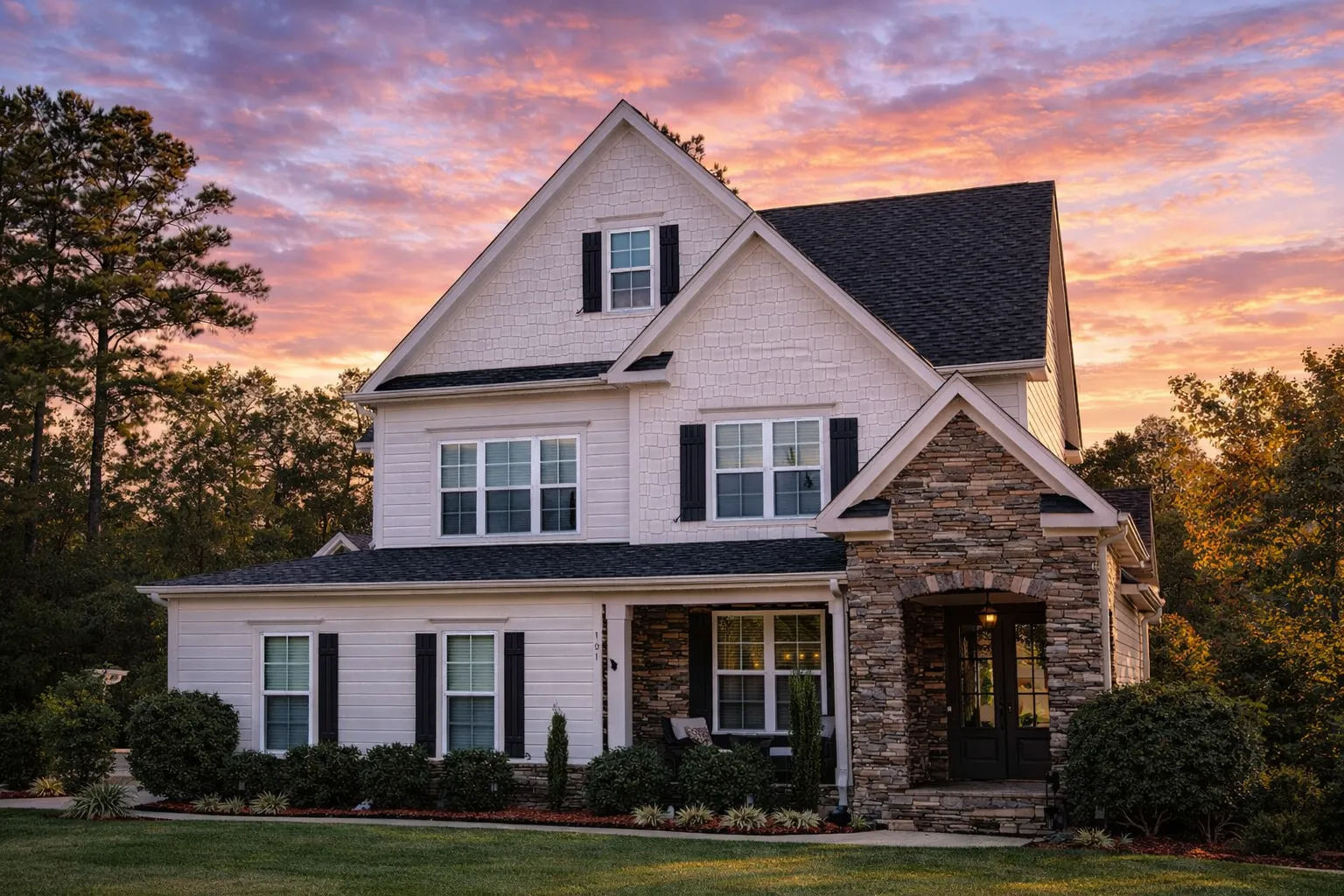 Front elevation of New American modern traditional house with stone entry, lap siding, board and batten accents, and symmetrical windows