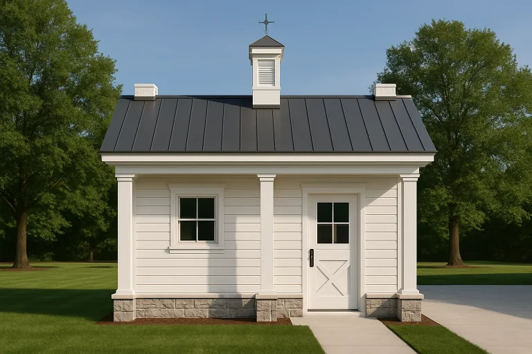 Front elevation of a small Colonial Cottage style ADU with white horizontal siding, symmetrical windows, metal gable roof, and simple entry door