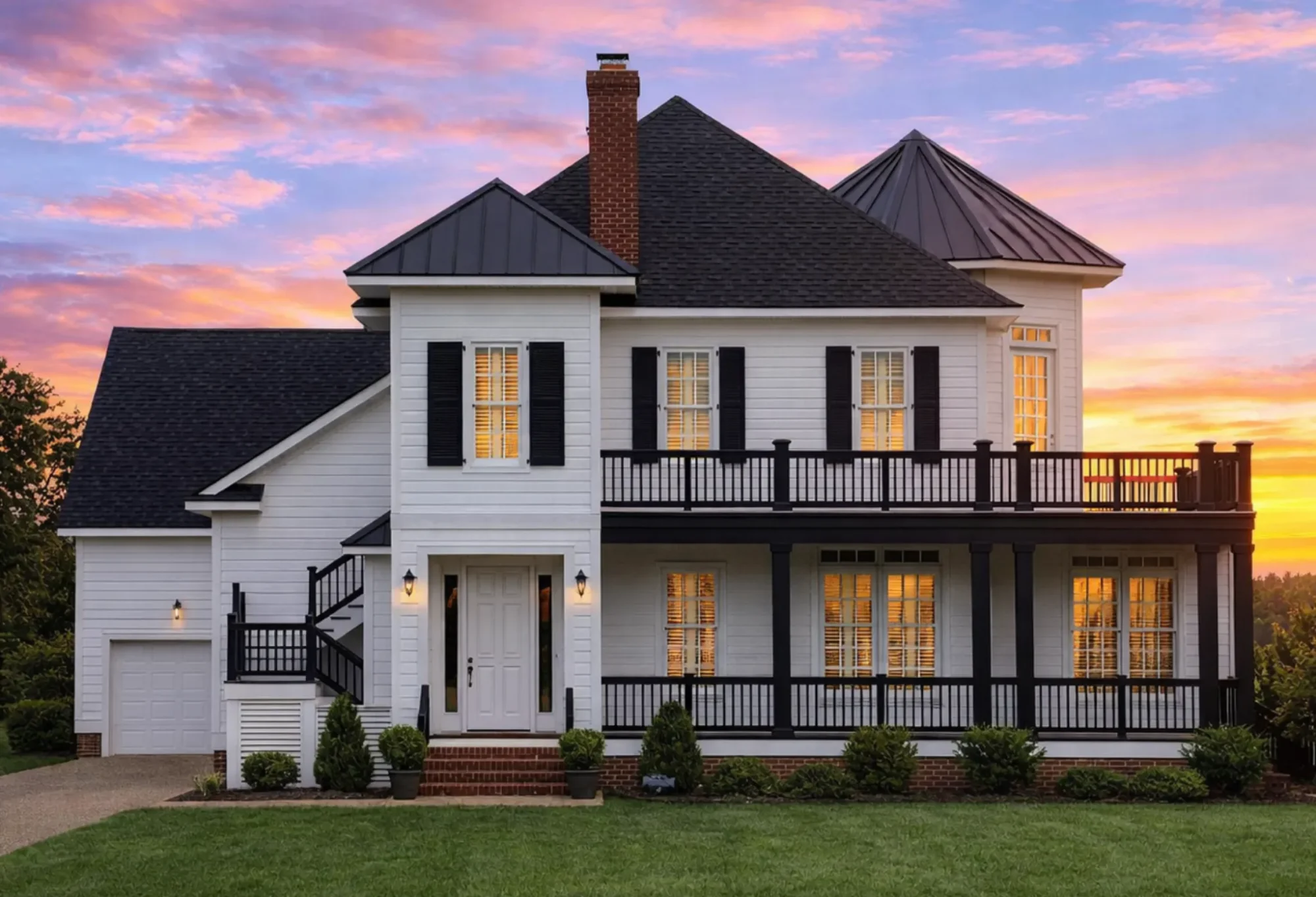 Front elevation of a Charleston style Southern Colonial home featuring white horizontal siding, brick foundation, double porches, black shutters, and classic coastal traditional architecture