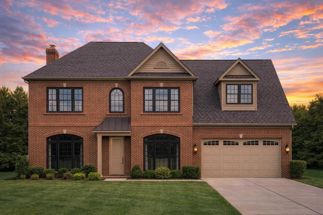 Front elevation of a Traditional Colonial style home featuring brick exterior, lap siding, gabled rooflines, and attached two-car garage