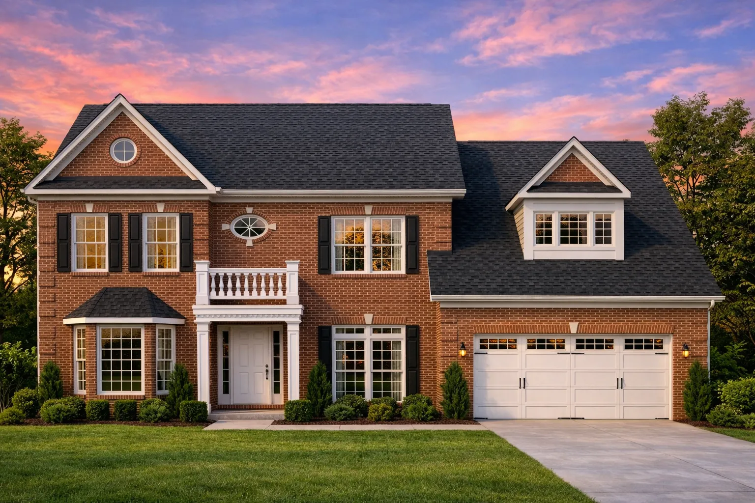 Front elevation of a Traditional Colonial style home featuring brick exterior, lap siding, gabled rooflines, and attached two-car garage