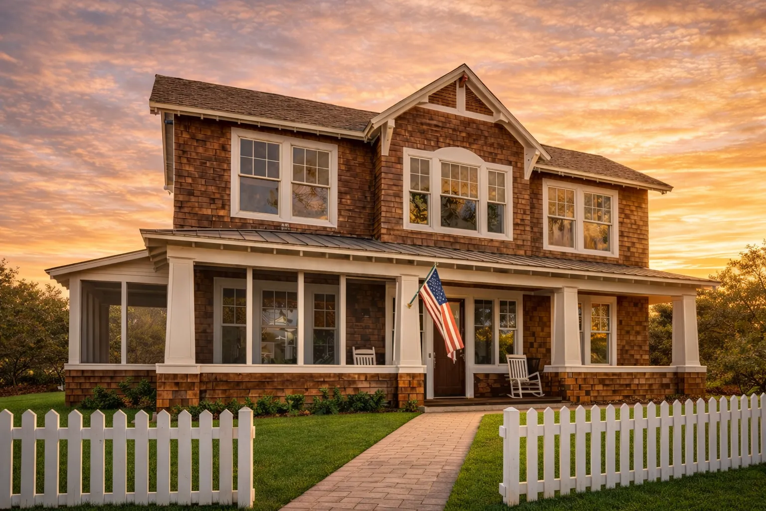 Front exterior of a Charleston style Southern home with brick façade, double stacked porches, white columns, and traditional colonial detailing