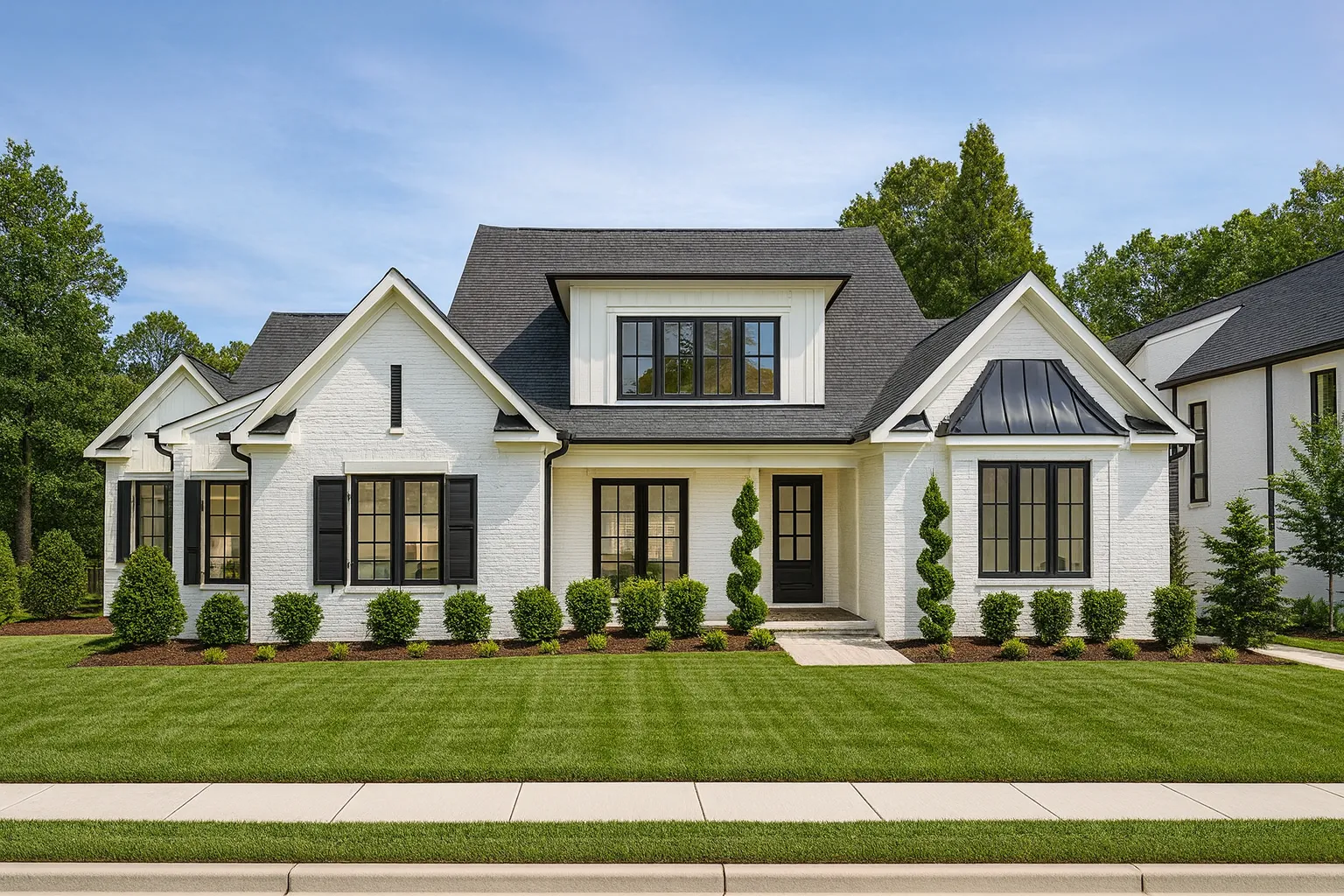 Front elevation of Modern Farmhouse style home with white board and batten siding, black windows, gabled rooflines, and covered entry porch