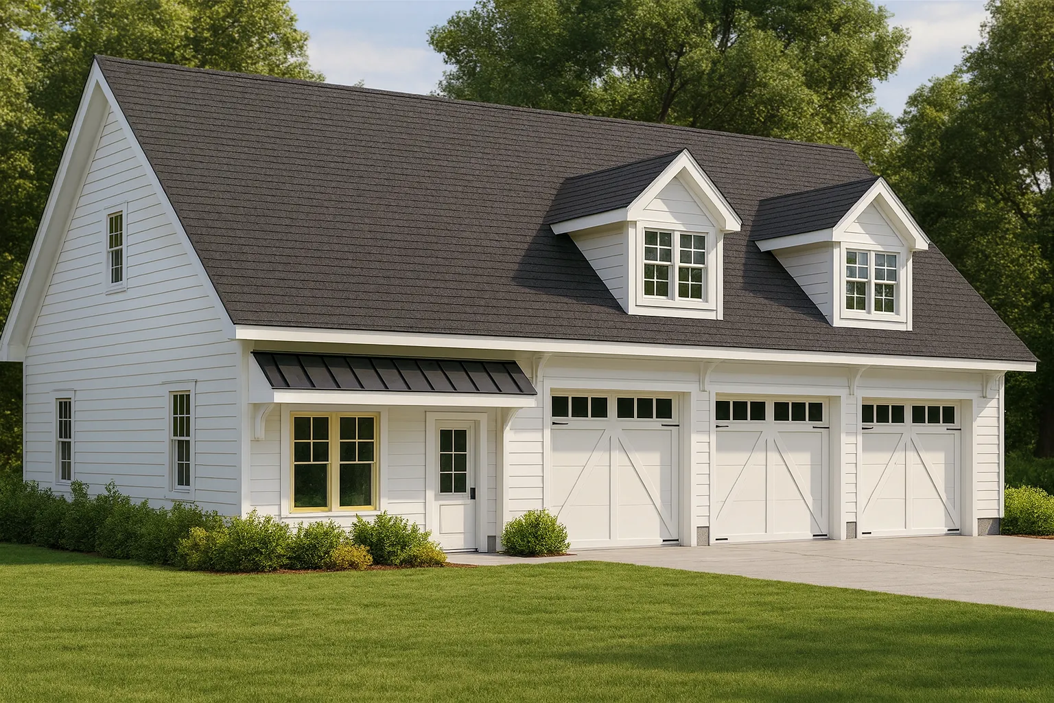 Front elevation of a traditional carriage house garage apartment featuring board-and-batten siding, horizontal siding, stone bases, and triple garage doors with dormer windows above