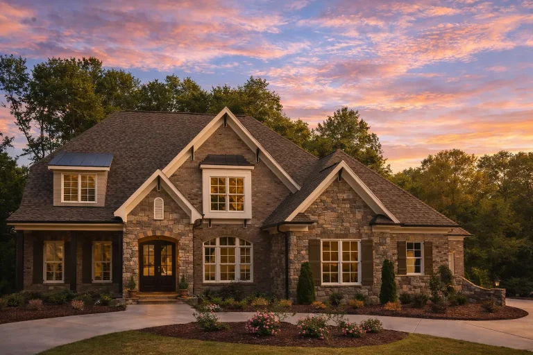 Front elevation of a New American modern traditional house with brick and stone exterior, steep gable rooflines, and classic suburban curb appeal