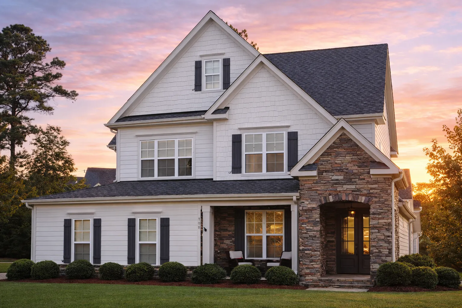 Front elevation of New American modern traditional house with stone entry, lap siding, board and batten accents, and symmetrical windows