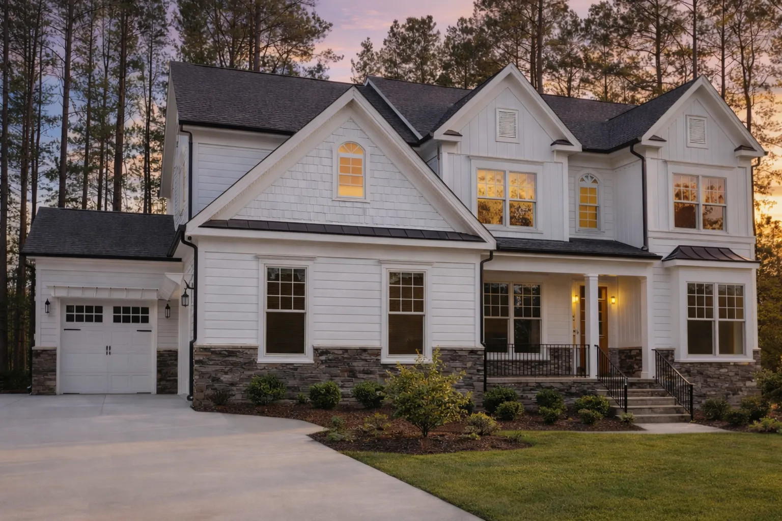 Front elevation of a New American modern traditional home featuring stone accents, horizontal siding, black shutters, and a covered entry porch