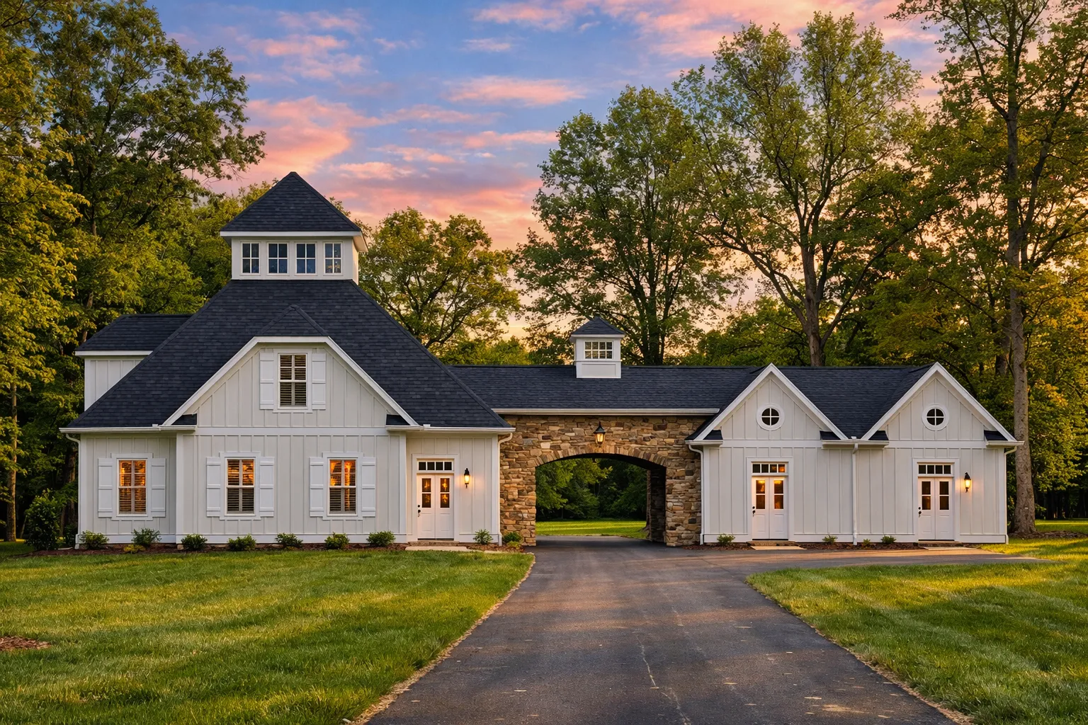 Front elevation of a Shingle Style Coastal Traditional house featuring shingle siding, stone accents, connecting breezeway, and symmetrical classic architecture