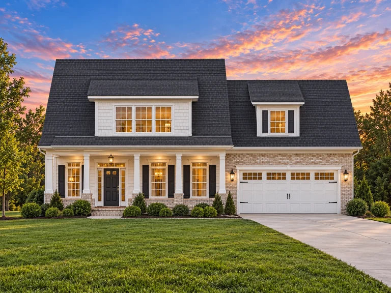 Front elevation of a Traditional Suburban home featuring Neo-Colonial elements, horizontal lap siding, symmetrical windows, and a welcoming covered porch