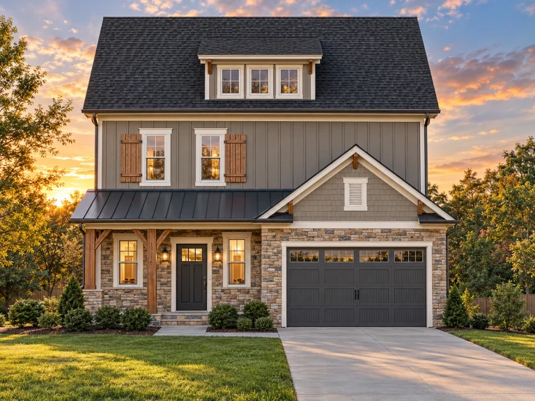 Modern Farmhouse House Plans 1 Front view of a Modern Farmhouse style home with stone base, horizontal and shake siding, gabled roofline, and a covered porch with single-car garage