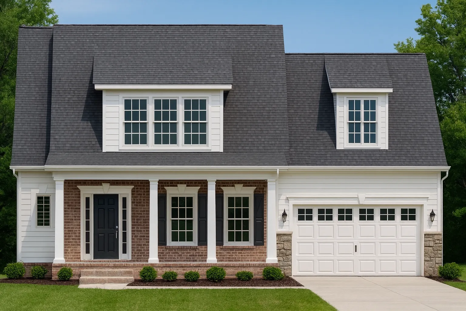 Modern House Plans 19 Front elevation of a Traditional Suburban home featuring Neo-Colonial elements, horizontal lap siding, symmetrical windows, and a welcoming covered porch