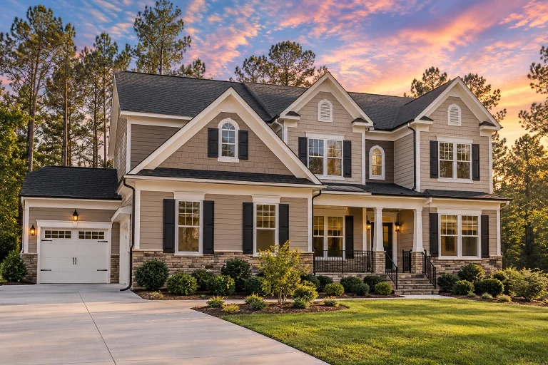Mid-Size House Plans 23 Front elevation of a New American modern traditional home featuring stone accents, horizontal siding, black shutters, and a covered entry porch