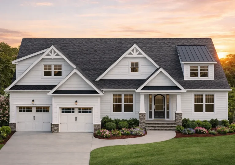 Sloping Lot House Plans 17 Front elevation of a Craftsman style house with horizontal lap siding, board and batten gables, covered porch, and double garage