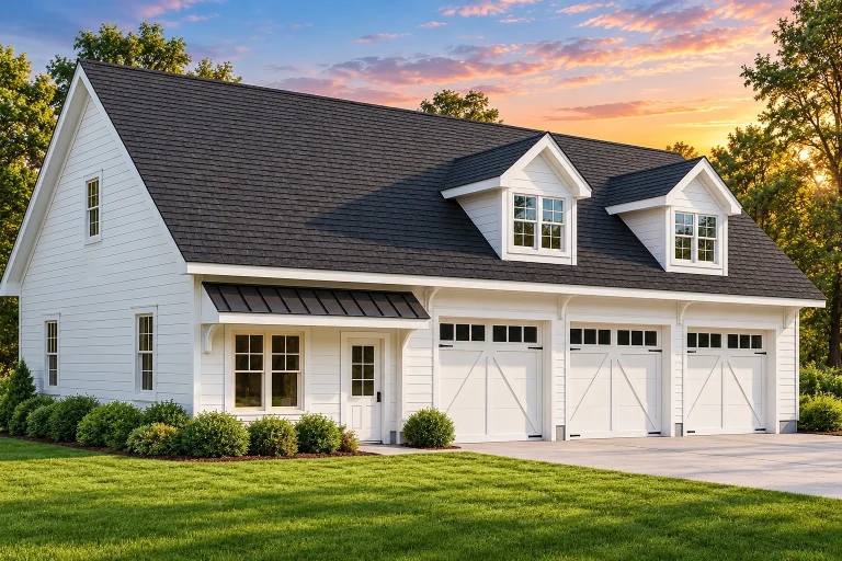 Cottage House Plans 19 Front view of a Modern Farmhouse style three-car garage featuring white horizontal lap siding, gabled dormers, and a clean traditional suburban aesthetic