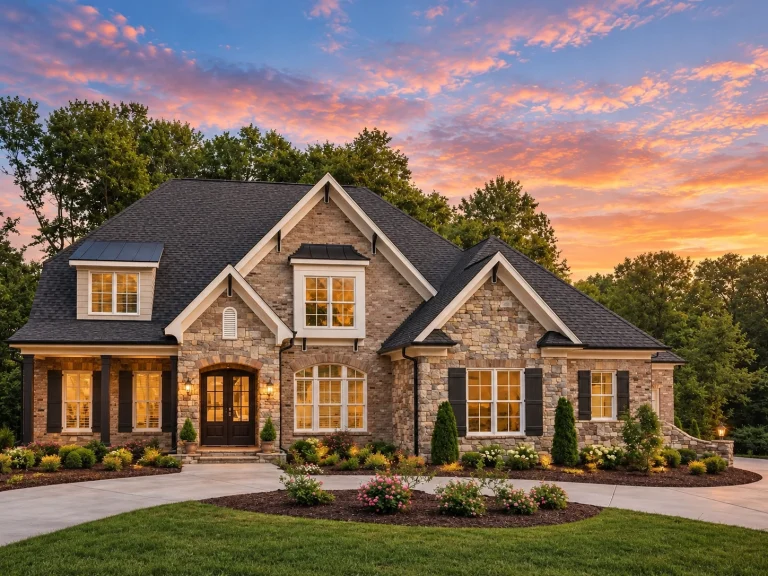 Front elevation of a New American modern traditional house with brick and stone exterior, steep gable rooflines, and classic suburban curb appeal