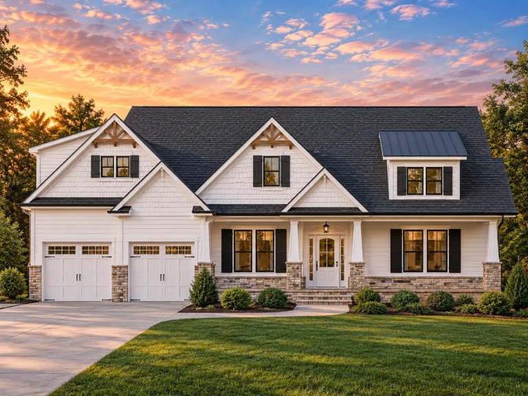 Front elevation of a Craftsman style house with horizontal lap siding, board and batten gables, covered porch, and double garage