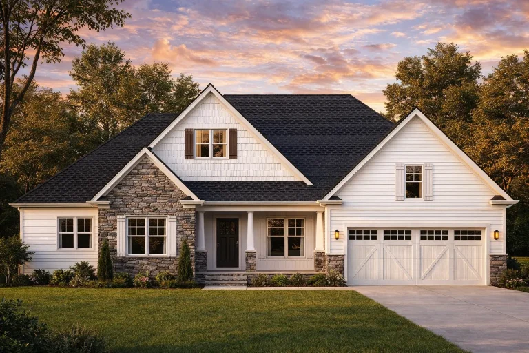 Front view of Modern Farmhouse style home featuring board and batten, horizontal siding, stone accents, and gable rooflines with a two-car garage