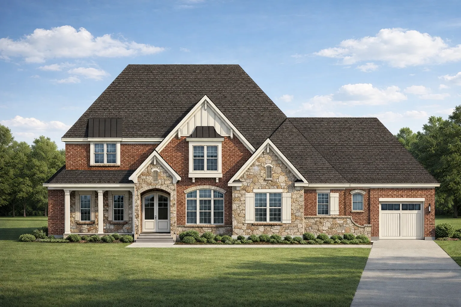 Front elevation of a New American modern traditional house with brick and stone exterior, steep gable rooflines, and classic suburban curb appeal