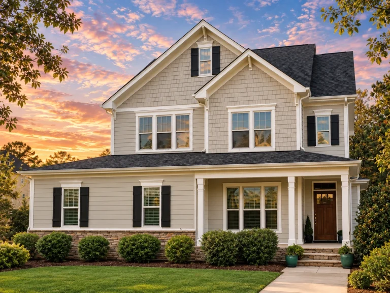 Front elevation of a New American style farmhouse home with white horizontal siding, stone foundation accents, black shutters, and a covered front porch